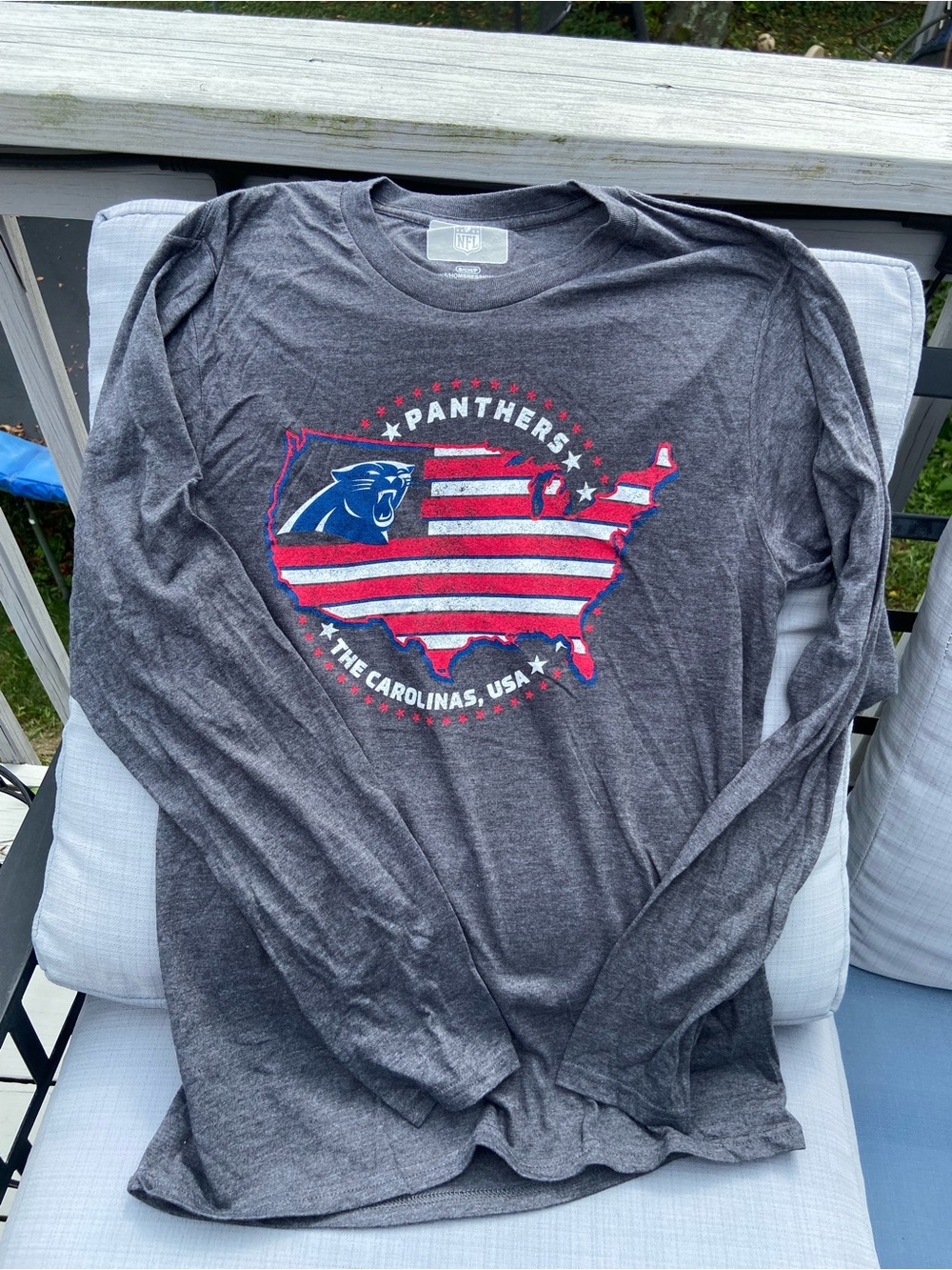 NFL Carolina Panthers Gray Long Sleeve Tee with Red, White & Blue Graphic